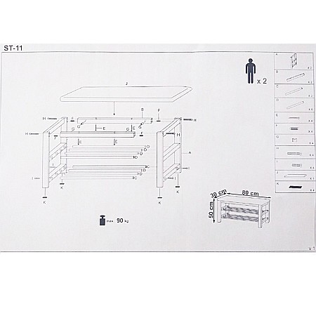 Suport pentru pantofi HM ST11, cu bancheta, lemn masiv, piele ecologica, 2 rafturi metalice, capacitate 8 perechi, negru/natur [1]