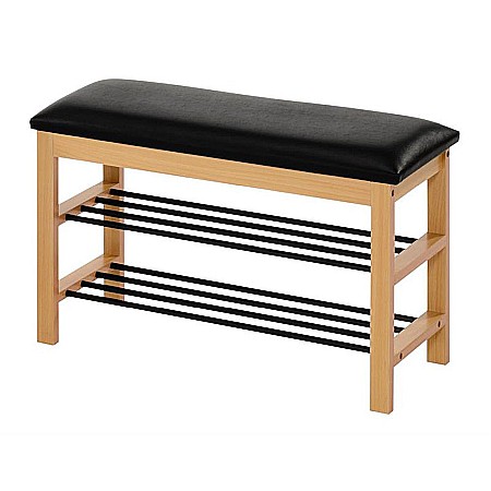 Suport pentru pantofi HM ST11, cu bancheta, lemn masiv, piele ecologica, 2 rafturi metalice, capacitate 8 perechi, negru/natur