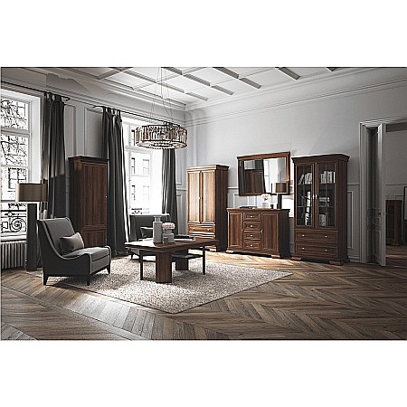 Vitrina living VMW2, 2 usi, 2 sertare, Pal melaminat, cu insertii MDF, Nuc [9]
