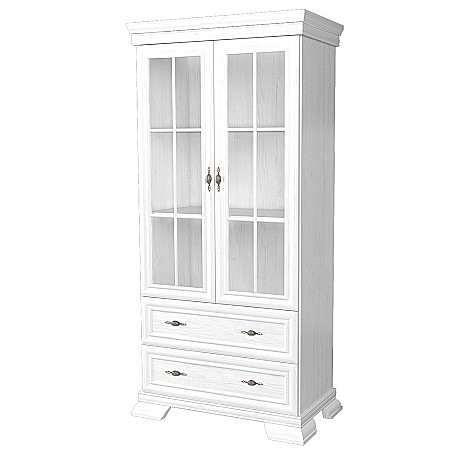 Vitrina living VMW2, 2 usi, 2 sertare, Pal melaminat, cu insertii MDF, Alb Antichizat [2]