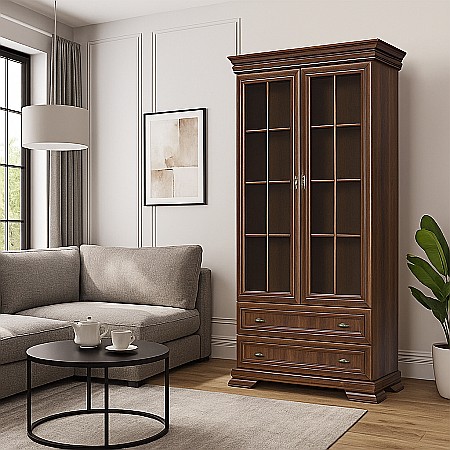 Produse in stoc - Vitrina living VMW2, 2 usi, 2 sertare, Pal melaminat, cu insertii MDF, Nuc