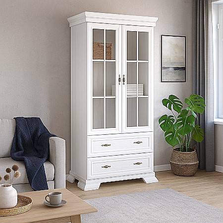 Produse in stoc - Vitrina living VMW2, 2 usi, 2 sertare, Pal melaminat, cu insertii MDF, Alb Antichizat