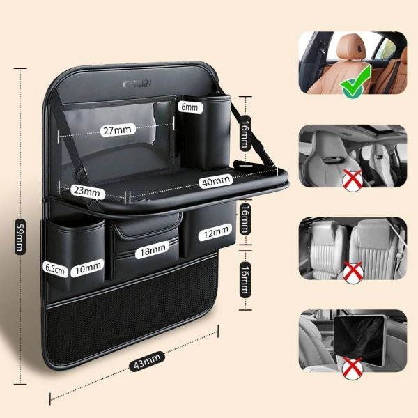 Organizator spătar scaun auto cu tavă pliabilă, depozitare din piele PU, buzunare, covorașe, accesorii interioare [2]