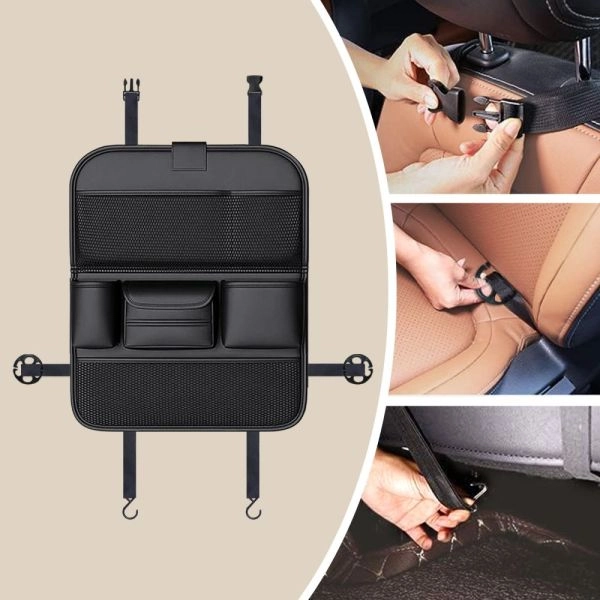 accesori auto - Organizator spătar scaun auto cu tavă pliabilă, depozitare din piele PU, buzunare, covorașe, accesorii interioare