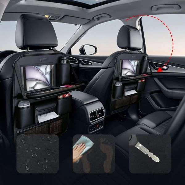 Organizator spătar scaun auto cu tavă pliabilă, depozitare din piele PU, buzunare, covorașe, accesorii interioare [2]