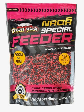 PELETE 2MM BOOM DE FUM SPECIAL FEEDER - PELETE 2MM, BOOM DE FUM SPECIAL FEEDER, AROMA DE CAPSUNA SI PESTE, 750GR, DUAL FISH