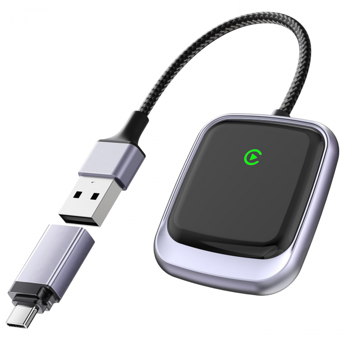 iSEN A23 Vezeték nélküli Autós Adapter Android Auto és CarPlay-hez, Fekete, USB és Type-C, Automatikus Csatlakozás, 5.8 GHz, Plug & Play [1]