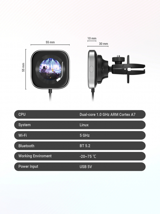 iSEN CPC1 Vezeték nélküli Autós Adapter CarPlay-hez (iOS), Fekete, 1,6 hüvelykes Kijelző Képekhez, Digitális Óra, Légfrissítő Funkció, Type-C, Automatikus Csatlakozás [6]