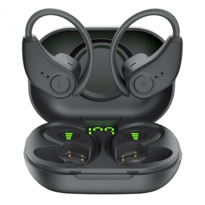 Vezeték nélküli, fülbe helyezhető fejhallgató rugalmas akasztóval Bluedio S6 TWS töltő- és hordtáskával, fekete, Bluetooth 5.1, érintésvezérlés, Type-C [6]