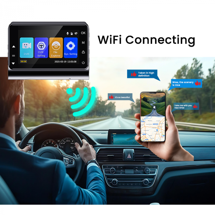 iSEN H002 autós kamera, 3" IPS kijelző, 4K 30fps elöl & 2K hátul, WiFi alkalmazásvezérlés, GPS nyomkövetés, G-szenzor, időeltolásos felvétel, parkolásfigyelés, elülső/hátsó kamera [5]