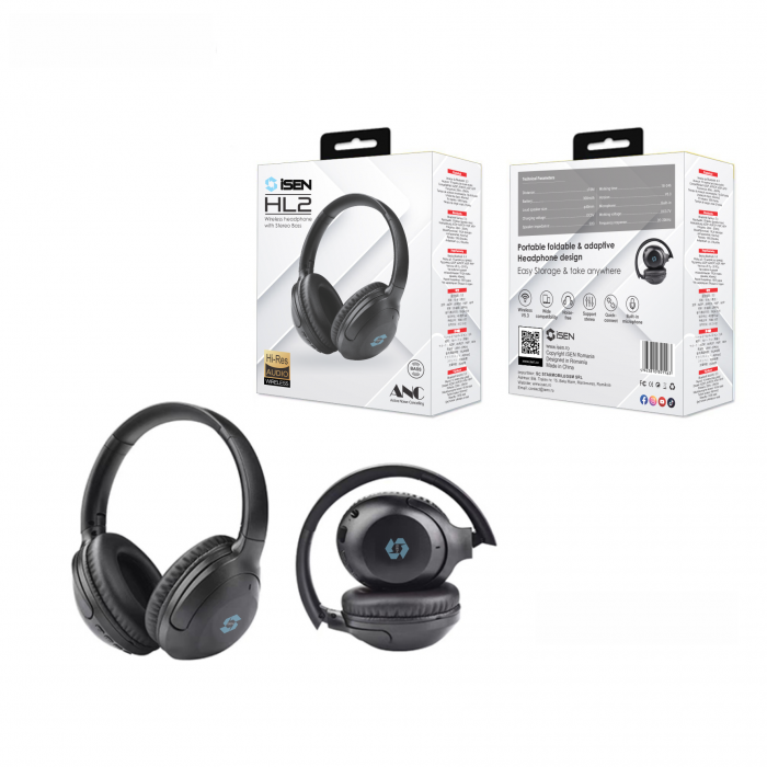 Casti wireless over-ear pliabile iSEN HL2, Negru, Bluetooth v5.3, Microfon incorporat, ANC (active noise cancelling), Bas stereo, 300mAh [5]