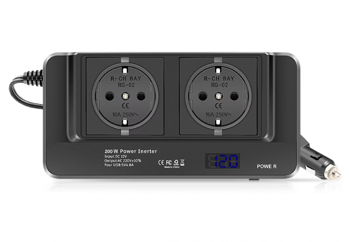 Teljesítménymérő inverter iSEN 8300, fekete, 200W, DC12V-ról AC220V-ra, LCD kijelző, 2 EU AC aljzat, 4 USB port gyors töltéssel [3]