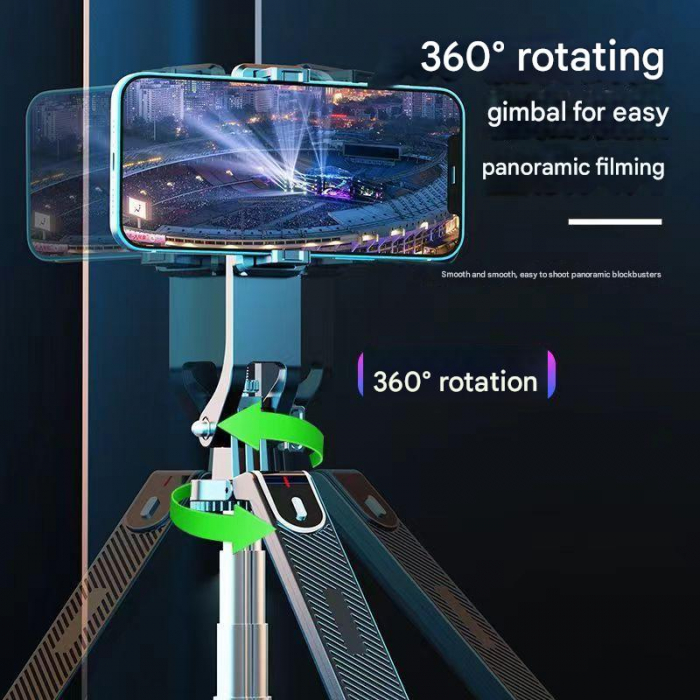 iSEN P185 Auto-sugárzó Selfie Bot Fekete, 1.8m, 360° Forgatás, Bluetooth Távirányító, Eltávolítható Fény Kitöltés, Type-C Gyors Töltés, 55mAh [8]