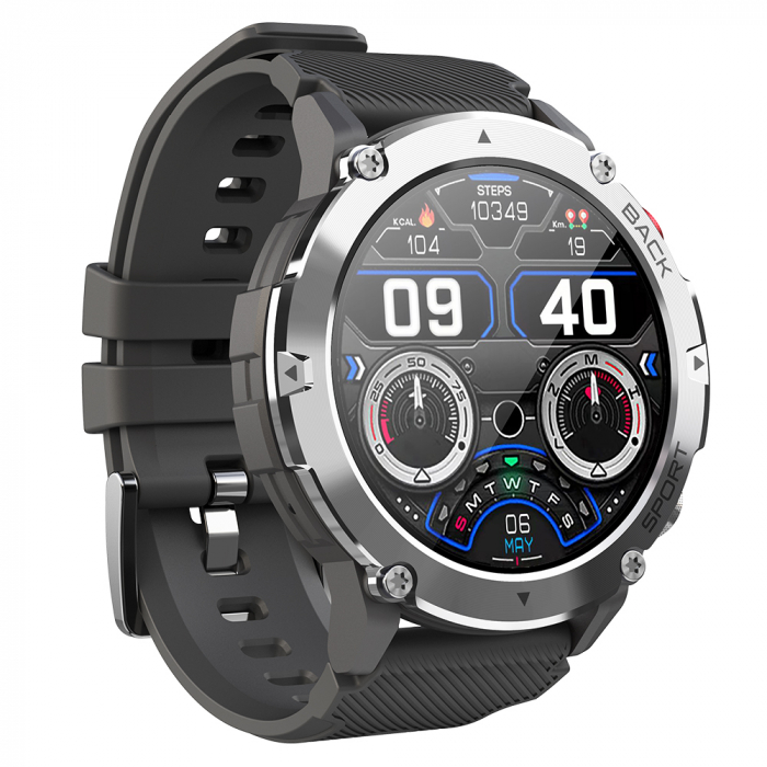 Okosóra iSEN C21 Pro Ezüst, 1,32 hüvelykes, Bluetooth hívás, Bluetooth 5.0, pulzusszám, SpO2, 19 sport, Ip68, 300 mAh [5]