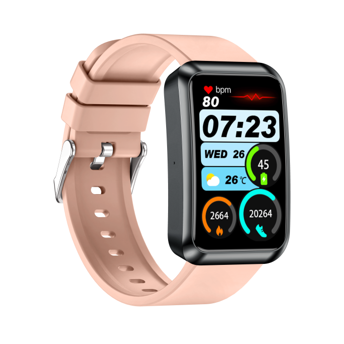 iSEN TK77 Okosóra Rózsaszín, Szilikon, 1.57" HD, EKG, Mikro-Vizsgálat, Vércukor, Húgysav & Zsír Kockázat, BT Hívás, Hangasszisztens, Zseblámpa, SOS, 250mAh [8]