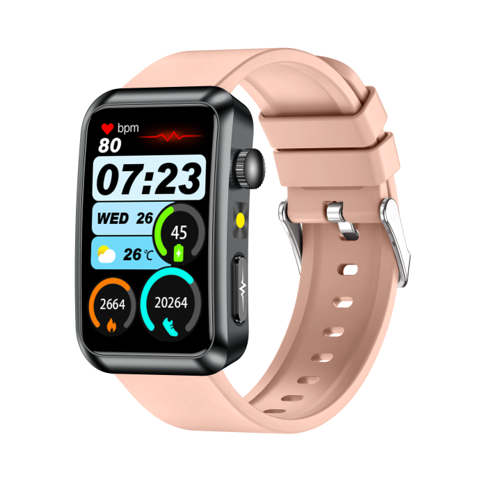 iSEN TK77 Okosóra Rózsaszín, Szilikon, 1.57" HD, EKG, Mikro-Vizsgálat, Vércukor, Húgysav & Zsír Kockázat, BT Hívás, Hangasszisztens, Zseblámpa, SOS, 250mAh [4]