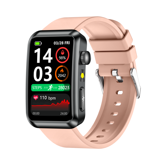 iSEN TK77 Okosóra Rózsaszín, Szilikon, 1.57" HD, EKG, Mikro-Vizsgálat, Vércukor, Húgysav & Zsír Kockázat, BT Hívás, Hangasszisztens, Zseblámpa, SOS, 250mAh [2]