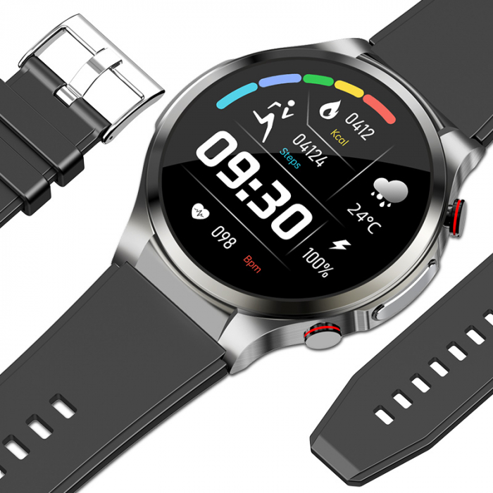 Okosóra iSEN Watch W11, Ezüst, fekete szilikon karkötővel, Életfontosságú funkciók monitorizálása, EKG, vércukorszint, HD 1,32", Bt v5.1, IP67, 230 mAh [4]