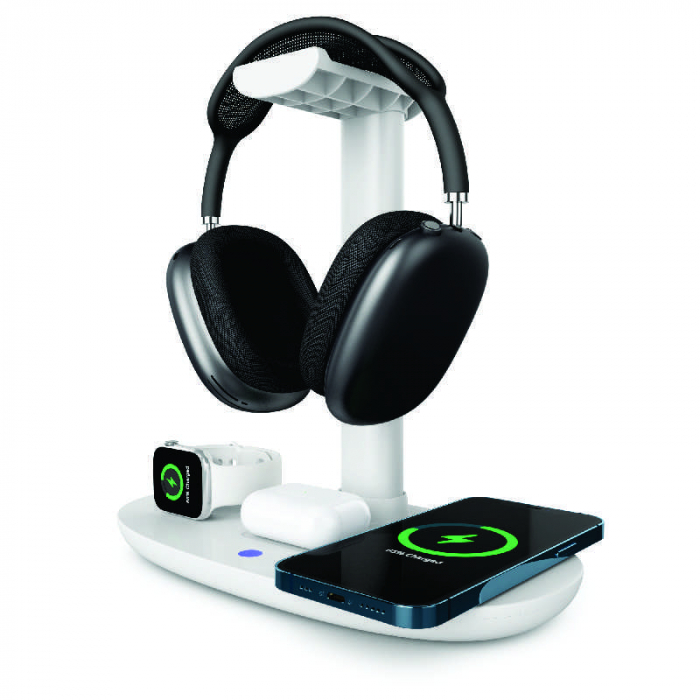 Fejhallgató állvány / Vezeték nélküli töltő iSEN 4 az 1-ben fehér, Fejhallgató töltő max 3W, Óratöltő max 2W, Telefontöltő max 15W [6]