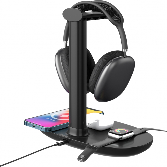 Fejhallgató állvány / iSEN 4 az 1-ben vezeték nélküli töltő fekete, Fejhallgató töltő max. 3W, Óratöltő max. 2W, Telefontöltő max 15W [6]