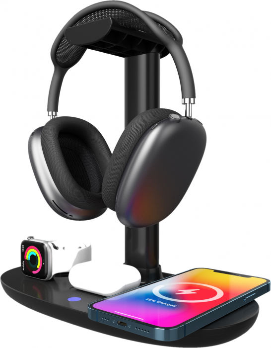 Fejhallgató állvány / iSEN 4 az 1-ben vezeték nélküli töltő fekete, Fejhallgató töltő max. 3W, Óratöltő max. 2W, Telefontöltő max 15W [5]