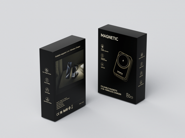 iSEN W91, 3 az 1-ben hajtogatható mágneses vezeték nélküli töltő állvány, Fekete, Fülhallgató töltő 5W, Óra töltő 2.5W, Telefon töltő 15W, Hajtható, Hűtőrendszer [15]