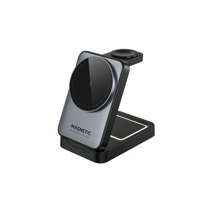 iSEN W91, 3 az 1-ben hajtogatható mágneses vezeték nélküli töltő állvány, Fekete, Fülhallgató töltő 5W, Óra töltő 2.5W, Telefon töltő 15W, Hajtható, Hűtőrendszer [3]