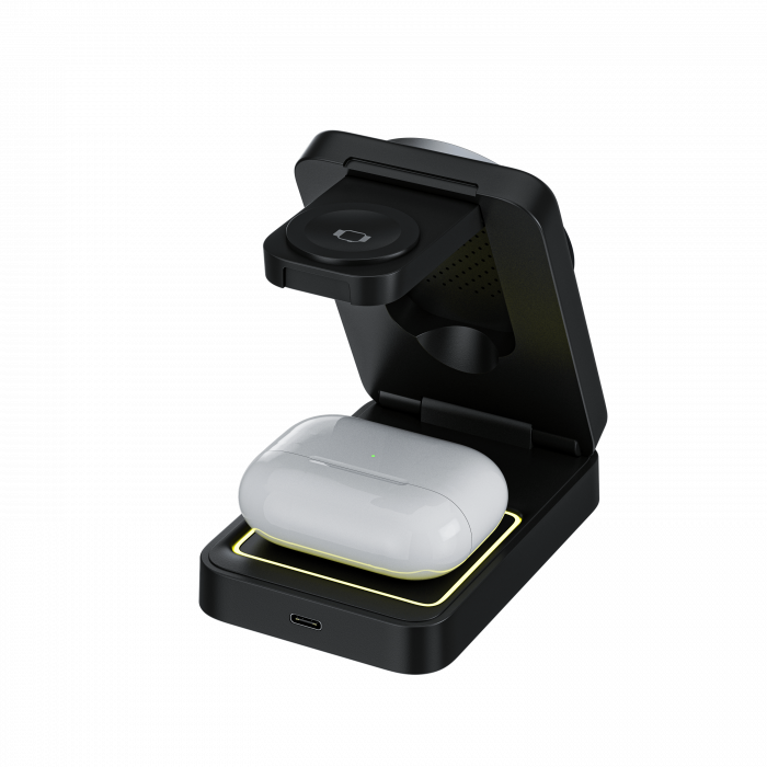 iSEN W91, 3 az 1-ben hajtogatható mágneses vezeték nélküli töltő állvány, Fekete, Fülhallgató töltő 5W, Óra töltő 2.5W, Telefon töltő 15W, Hajtható, Hűtőrendszer [8]