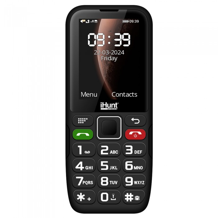 iHunt Primo 4G mobiltelefon 2.4"-os kijelzővel, Dual SIM, 48MB RAM, 128MB ROM, 1800 mAh akkumulátor, zseblámpa, FM-rádió, Bluetooth és 4G kapcsolat. Megbízható, egyszerű használatra tervezve. [3]