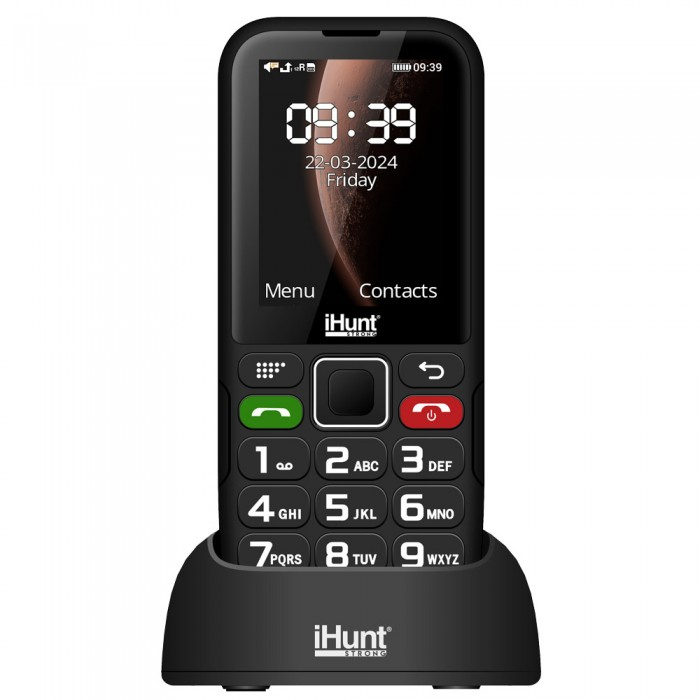 iHunt Primo 4G mobiltelefon 2.4"-os kijelzővel, Dual SIM, 48MB RAM, 128MB ROM, 1800 mAh akkumulátor, zseblámpa, FM-rádió, Bluetooth és 4G kapcsolat. Megbízható, egyszerű használatra tervezve. [9]