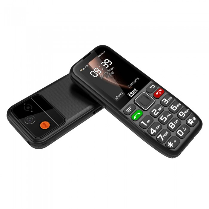 iHunt Primo 4G mobiltelefon 2.4"-os kijelzővel, Dual SIM, 48MB RAM, 128MB ROM, 1800 mAh akkumulátor, zseblámpa, FM-rádió, Bluetooth és 4G kapcsolat. Megbízható, egyszerű használatra tervezve. [7]