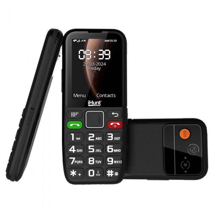 iHunt Primo 4G mobiltelefon 2.4"-os kijelzővel, Dual SIM, 48MB RAM, 128MB ROM, 1800 mAh akkumulátor, zseblámpa, FM-rádió, Bluetooth és 4G kapcsolat. Megbízható, egyszerű használatra tervezve. [2]