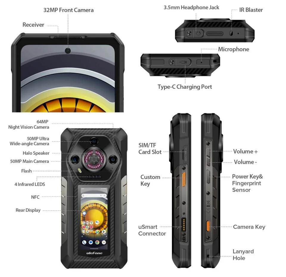 Mobiltelefon Ulefone Armor 30 Pro, 5G, 6.95" FHD+, 32GB RAM (16GB+16GB bővíthető), 512GB ROM, 50MP + 64MP Night Vision, Android 14, Dimensity 7300X, Wi-Fi 6E, 12800mAh, 66W, Dual SIM [4]