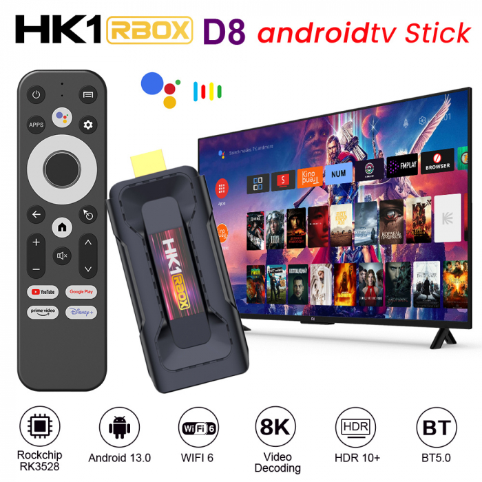 TV Stick HK1 RBOX D8, 8K dekódolás, Android 13, 4GB RAM, 32GB ROM, RK3528 Négy magos processzor, WiFi 6, HDR10, BT hangvezérlés, Netflix, Hulu, Flixster, Youtube [16]