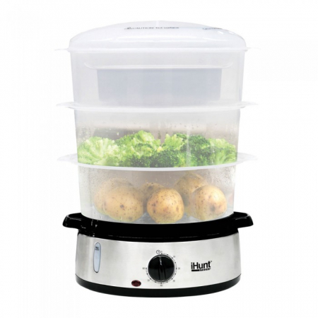 Smart Home - iHunt Bro XXL 9L Ételpároló, 800W, 60 perces időzítő, 3 főzőkosár, biztonsági védelem, ezüst szín