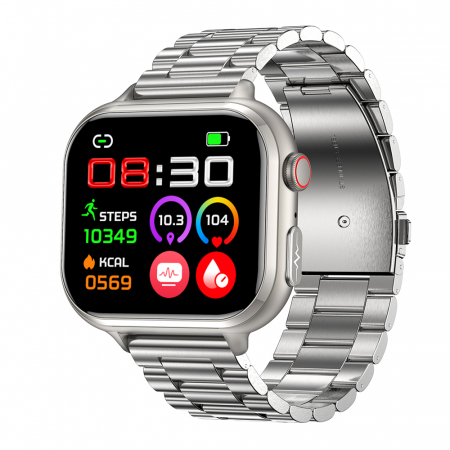 Okos óra - Smartwatch iSEN TK17 Ezüst, Acél, 1.91" HD, ECG, Szívritmus, Véroxigén, Glükóz, Vérnyomás, Húgysav, BMI, Alváskövetés, Sport Módok, Bluetooth Hívás, Zenevezérlés, Időjárás, 380mAh