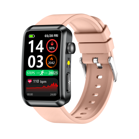 iSEN TK77 Okosóra Rózsaszín, Szilikon, 1.57" HD, EKG, Mikro-Vizsgálat, Vércukor, Húgysav & Zsír Kockázat, BT Hívás, Hangasszisztens, Zseblámpa, SOS, 250mAh [1]