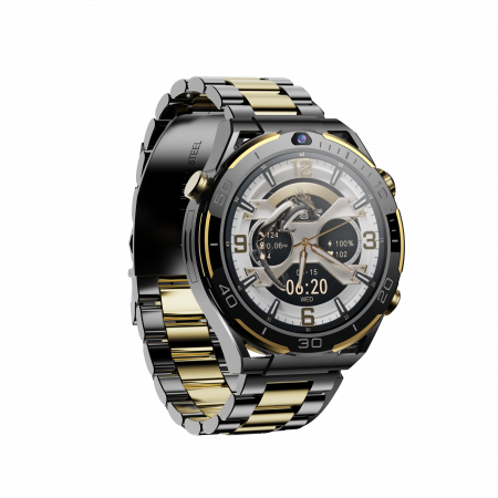 Okos óra - Okosóra iSEN Watch T7, Black/Gold, 4G, 1,5" AMOLED, HD Dual Kamera, Android 10, 6GB RAM + 128GB ROM, WiFi 5G, GPS, 800mAh, IP67, Fém szíj