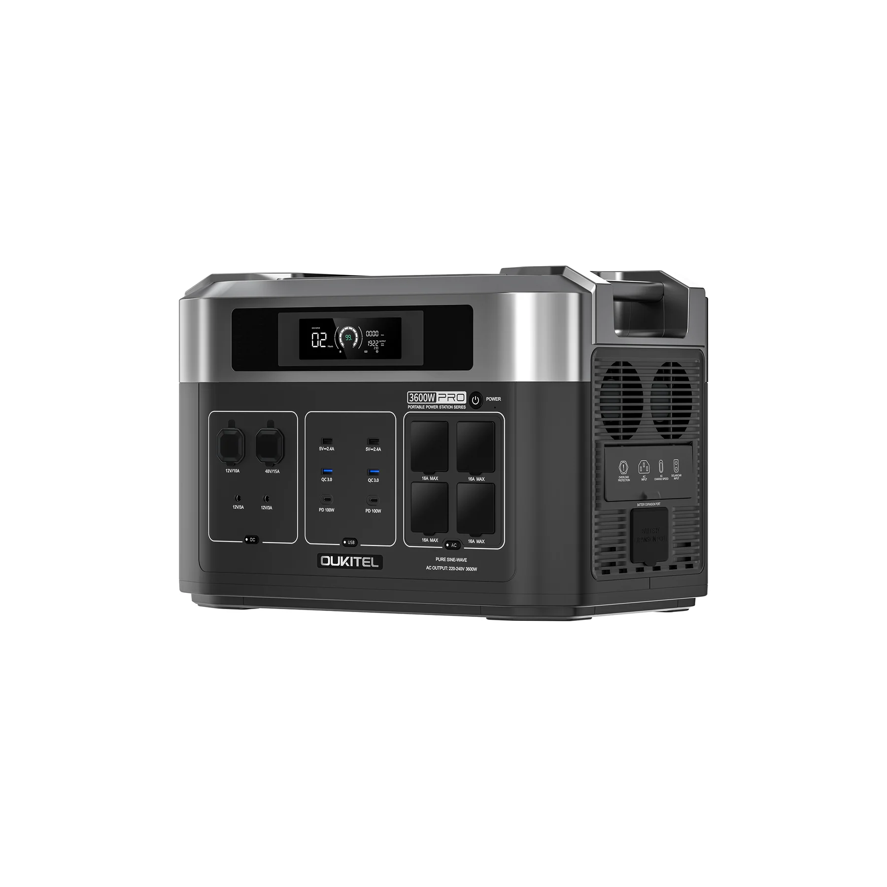 Hordozható áramellátó állomás / külső akkumulátor Oukitel BP2000E PRO Fekete, LCD kijelző, 3600W, 2048 Wh (bővíthető), LiFePO4, UPS funkció, max. 1000W bemenet [1]