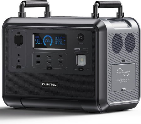 Zöld energia - Hordozható elektromos töltőállomás / külső akkumulátor Oukitel P1201E, 960 Wh, 1200w, 220V, LCD képernyő, BMS védelem, LED zseblámpa