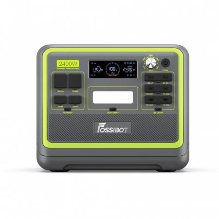 Hordozható töltőállomás Fossibot F2400 Zöld, 2400W, 2048Wh, 640000mAh, LCD képernyő, BMS védelem, 16 kimenet, LED zseblámpa, SOS [1]