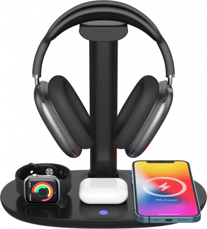 Smart Home - Fejhallgató állvány / iSEN 4 az 1-ben vezeték nélküli töltő fekete, Fejhallgató töltő max. 3W, Óratöltő max. 2W, Telefontöltő max 15W