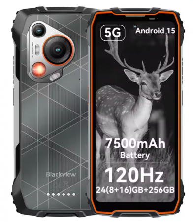 Blackview mobiltelefonok - Blackview BL7000 Narancssárga Mobiltelefon, 5G, 6.78" IPS HD+ 2.4K 120Hz, 24GB RAM (8GB + 16GB bővíthető), 256GB ROM, Android 15, 50MP, NightVision, NFC, WiFi 6, 7500mAh, 33W, OTG, DokeAI, Dual SIM