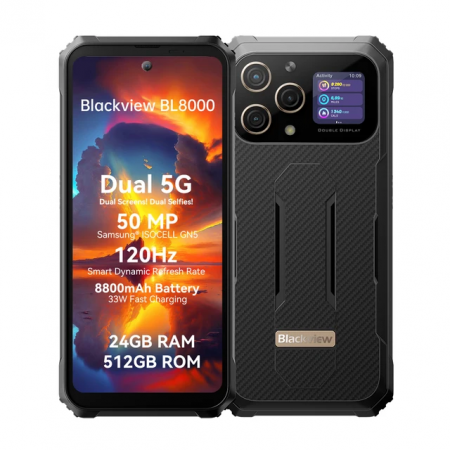 5G Okostelefonok - Mobiltelefon Blackview BL8000 Gold, 5G, Dual Display, 6,78" 2,4K FHD+ 120Hz, 24GB RAM (12GB + 12GB bővíthető), 512GB ROM, Android 13, 50MP, NFC, 8800mAh, 33W, WiFi 6, Arcal 8, Arcal 8.0 Dual SIM