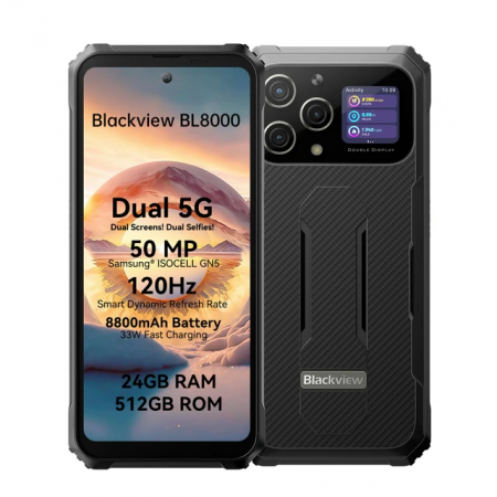 5G Okostelefonok - Mobiltelefon Blackview BL8000 Fekete, 5G, Dual Display, 6,78" 2,4K FHD+ 120Hz, 24GB RAM (12GB + 12GB bővíthető), 512GB ROM, Android 13, 50MP, NFC, 8800mAh, 33W, WiFi 6, Arcal 8, Arcal 8.0 Dual SIM