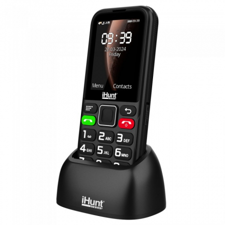 iHunt Primo 4G mobiltelefon 2.4"-os kijelzővel, Dual SIM, 48MB RAM, 128MB ROM, 1800 mAh akkumulátor, zseblámpa, FM-rádió, Bluetooth és 4G kapcsolat. Megbízható, egyszerű használatra tervezve. [4]