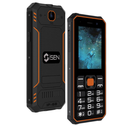 Tartós Telefonok - iSEN F1 mobiltelefon, Narancssárga, 4G, 2.4" LCD, 0.3MP hátlapi + 0.08MP előlapi, 48MB RAM, 128MB ROM, Mocor OS, Unisoc T107, IP68, QWERTY, Zseblámpa, 2500mAh, Dual SIM