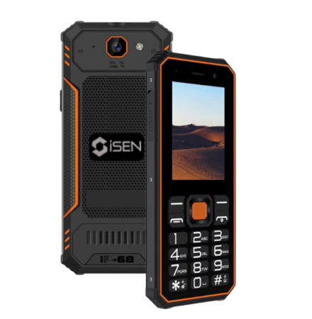 iSEN F1 mobiltelefon, Narancssárga, 4G, 2.4" LCD, 0.3MP hátlapi + 0.08MP előlapi, 48MB RAM, 128MB ROM, Mocor OS, Unisoc T107, IP68, QWERTY, Zseblámpa, 2500mAh, Dual SIM [1]