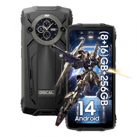 OSCAL mobiltelefonok - OSCAL PILOT 2 mobiltelefon, fekete színben, Dual 4G VoLTE, 6,5 hüvelykes 2,4K FHD+ kijelzővel, 24 GB RAM (8GB + 16GB), 256 GB ROM, Android 14, MediaTek Helio G99 processzorral, 8880mAh akkumulátorral, IP68 és IP69K minősítéssel, Dual SIM