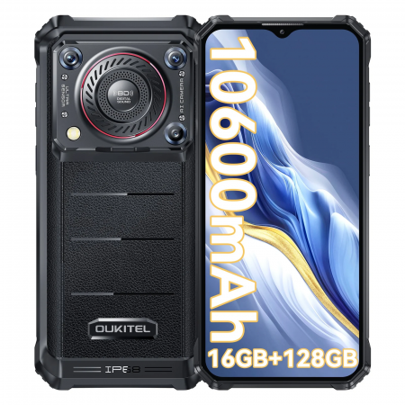 Tartós Telefonok - Oukitel WP36 Mobiltelefon, 6,52" HD+, 16GB RAM (8GB + 8GB bővíthető), 128GB ROM, Android 14, MediaTek 8788, 8D 128db digitális hang, NFC, ujjlenyomat, 10600mAh, Dual SIM